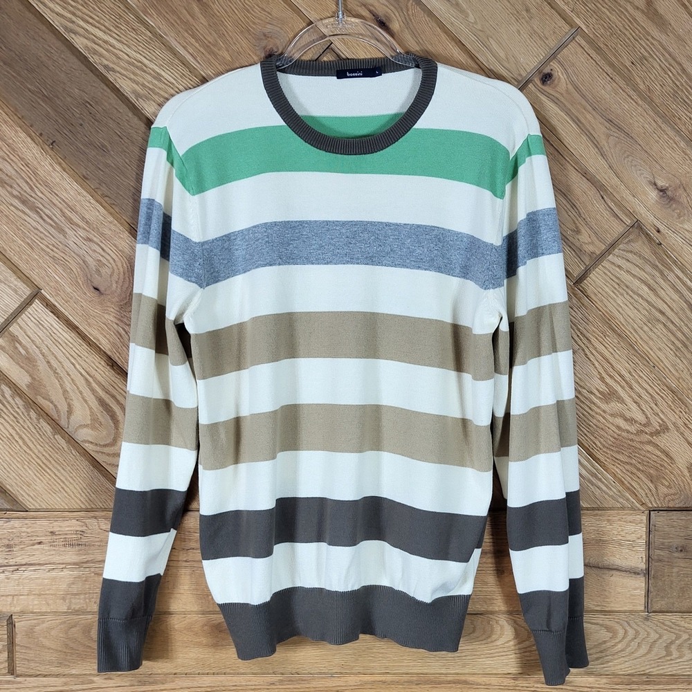 Bossini Striped Crew Neck Sweater Mens Large 100% Cotton Multicolor CreamGreen